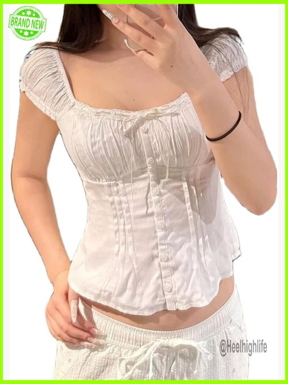 Y2K Short Sleeve Square Neck Button Ruffle Lace Patchwork Fairy Grunge Top Tee